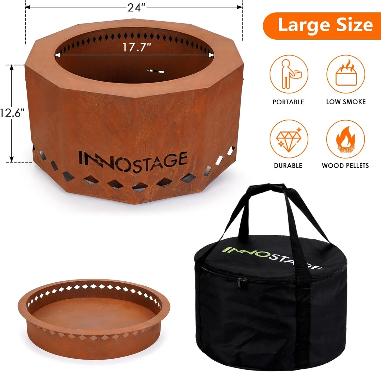 Outdoor Fire Pit - 24" Smokeless Wood Pellet Fire Pits Large for 4-6 People Campfire-Weathering Steel Material