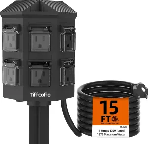 Outdoor Power Strip Weatherproof, 15 FT Extension Cord with Stake, 6 Grounded Weatherproof Outlets for Yard Decorations, 15A/1875W, ETL Listed