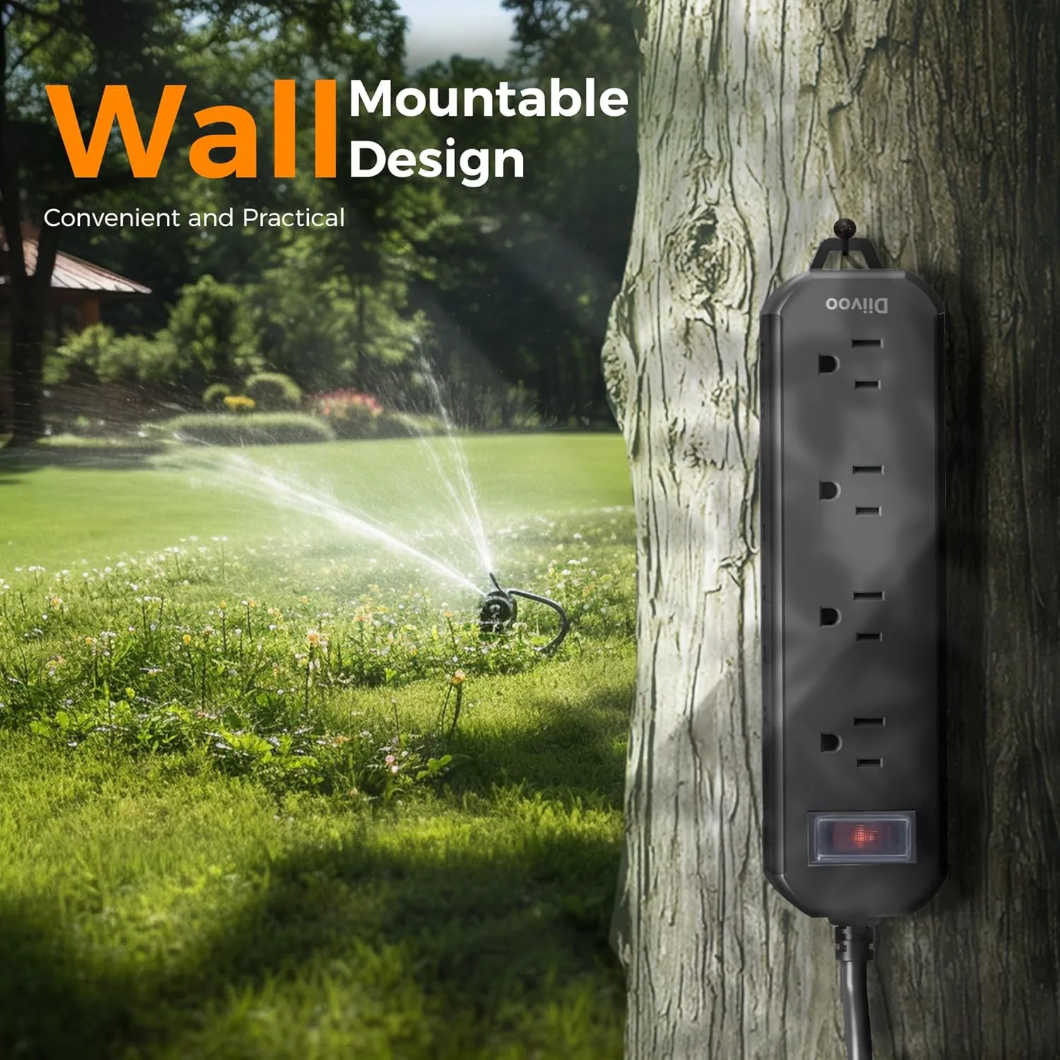 Outdoor Power Strip Weatherproof, 25 FT Extension Cord, Diivoo Waterproof Surge Protector with 4 Outlets 1250W Shockproof Overload Protection, Flat Plug, Black