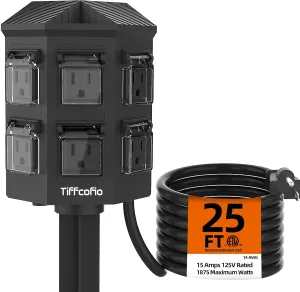Outdoor Power Strip Weatherproof, 25 FT Extension Cord with Stake, 6 Grounded Outlets for Yard, Garden and Pool, 15A/1875W, ETL Listed
