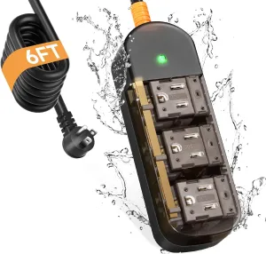 Outdoor Power Strip Weatherproof 6 FT Outdoor Extension Cord Waterproof Surge Protector Power Strip, Shockproof, 3 AC Outlets, 1625W - for Camping, Home, Office, Garden, Dorm, FCC UL Listed