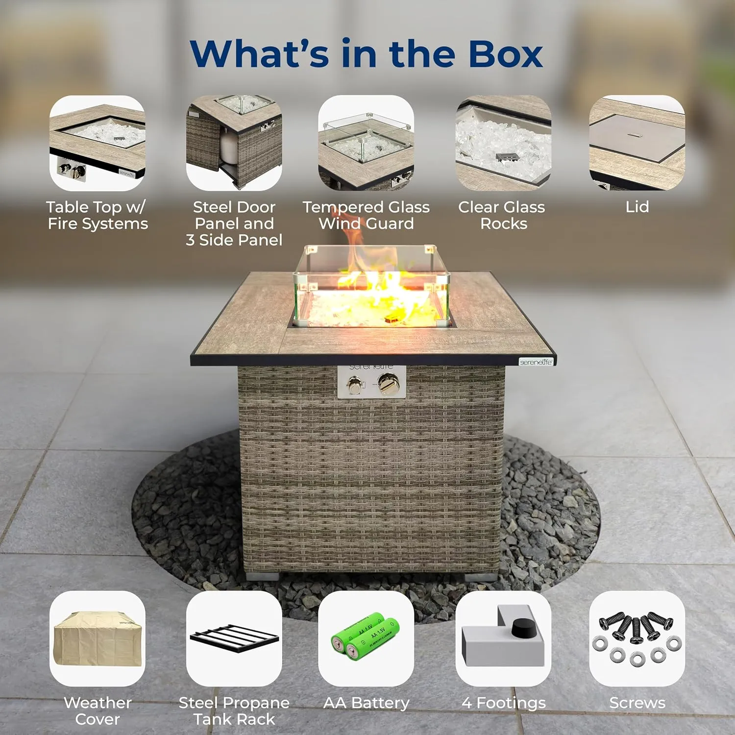 Outdoor Propane Fire Pit Table - CSA/ETL Certified Safe 50,000 BTU Pulse Ignition Weatherproof Square Wicker Propane Gas Fire Table w/Tile Tabletop Adjustable Flame - Glass Rocks