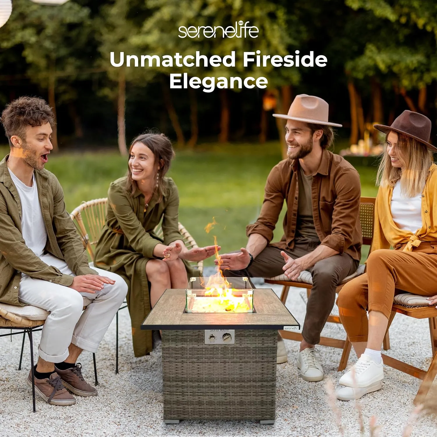 Outdoor Propane Fire Pit Table - CSA/ETL Certified Safe 50,000 BTU Pulse Ignition Weatherproof Square Wicker Propane Gas Fire Table w/Tile Tabletop Adjustable Flame - Glass Rocks