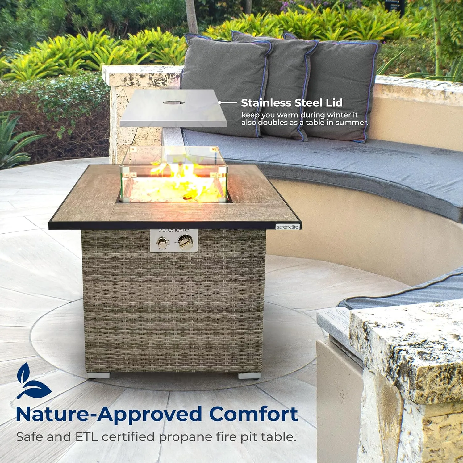 Outdoor Propane Fire Pit Table - CSA/ETL Certified Safe 50,000 BTU Pulse Ignition Weatherproof Square Wicker Propane Gas Fire Table w/Tile Tabletop Adjustable Flame - Glass Rocks