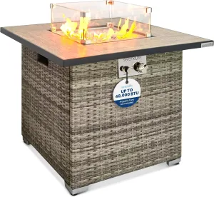 Outdoor Propane Fire Pit Table - CSA/ETL Certified Safe 50,000 BTU Pulse Ignition Weatherproof Square Wicker Propane Gas Fire Table w/Tile Tabletop Adjustable Flame - Glass Rocks