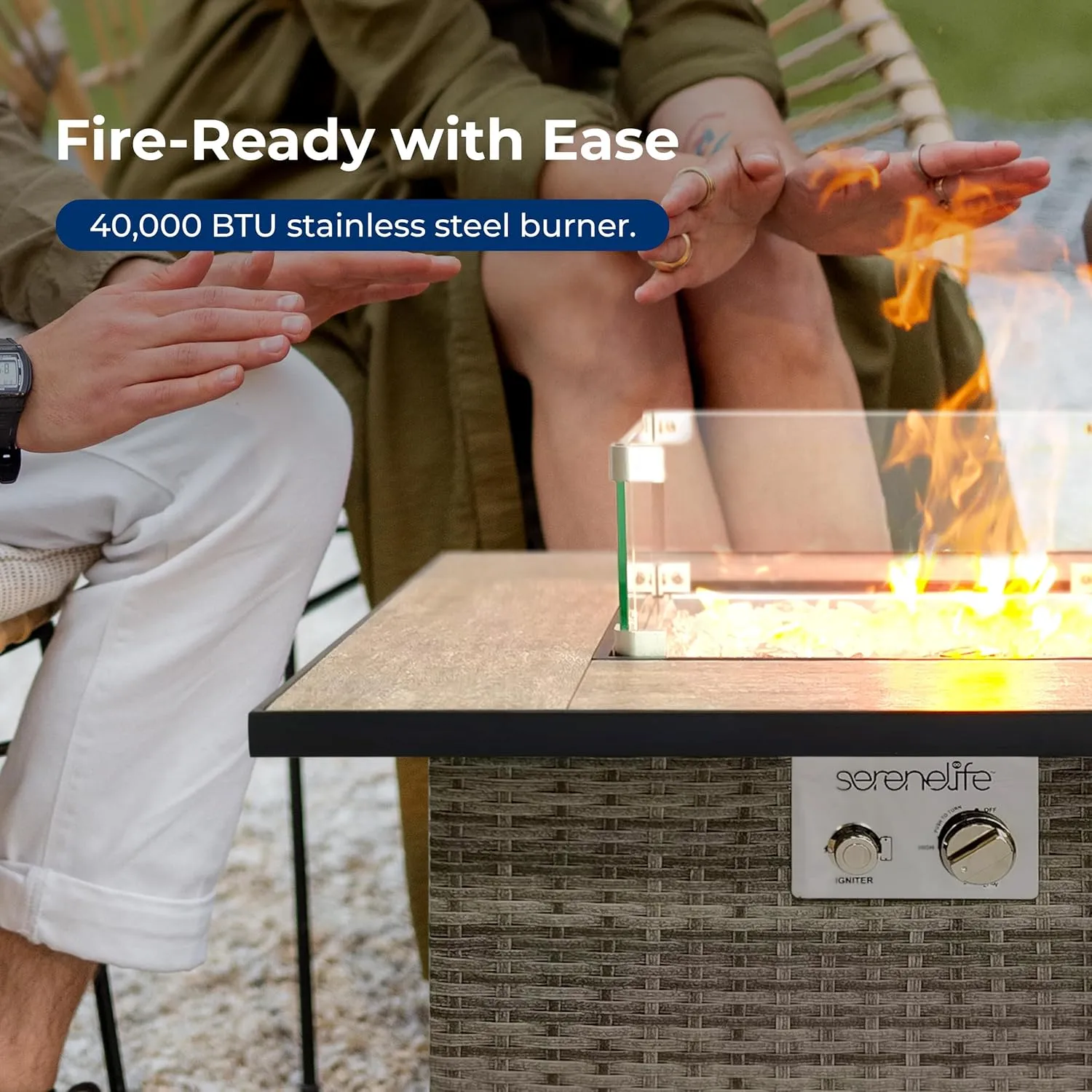 Outdoor Propane Fire Pit Table - CSA/ETL Certified Safe 50,000 BTU Pulse Ignition Weatherproof Square Wicker Propane Gas Fire Table w/Tile Tabletop Adjustable Flame - Glass Rocks