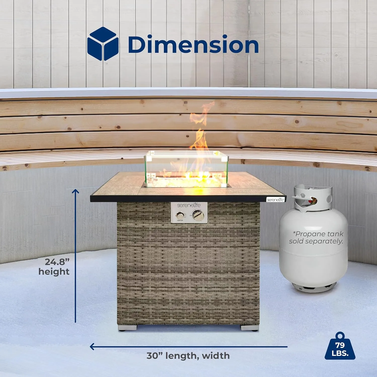 Outdoor Propane Fire Pit Table - CSA/ETL Certified Safe 50,000 BTU Pulse Ignition Weatherproof Square Wicker Propane Gas Fire Table w/Tile Tabletop Adjustable Flame - Glass Rocks