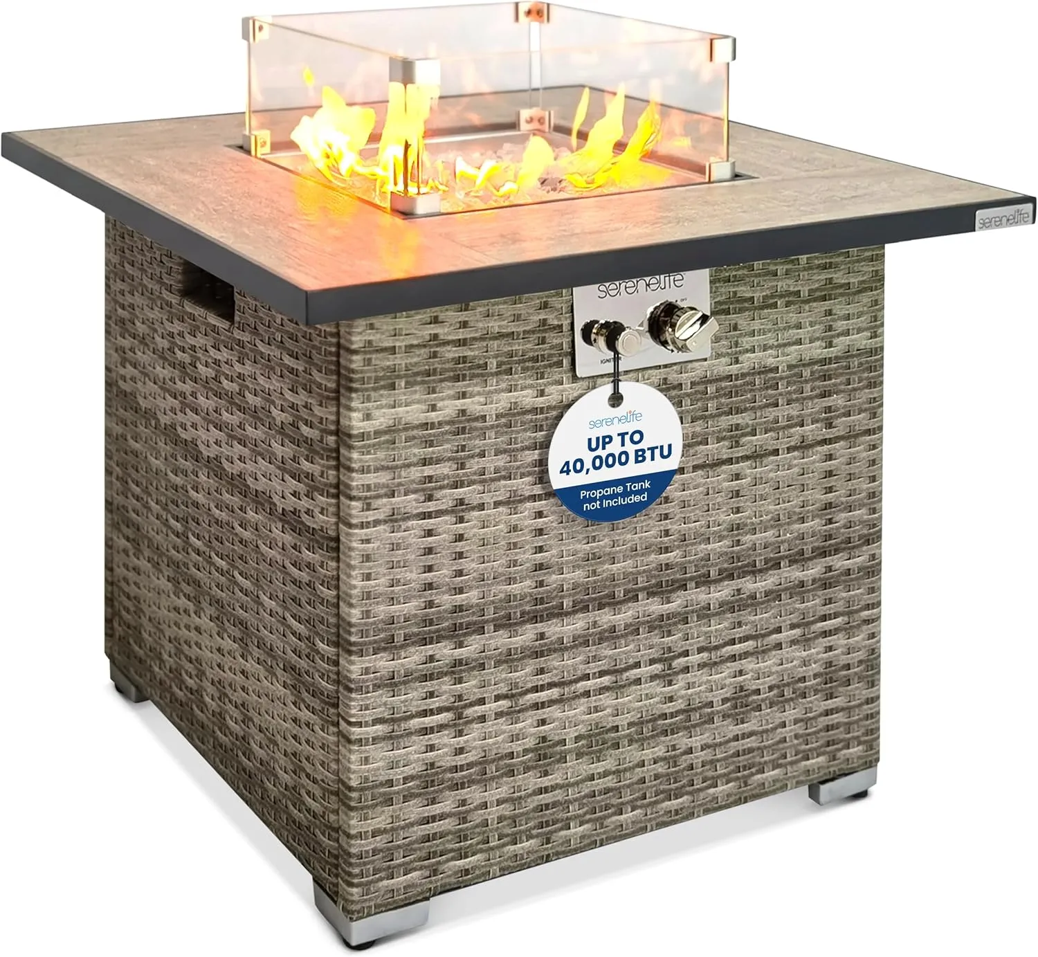 Outdoor Propane Fire Pit Table - CSA/ETL Certified Safe 50,000 BTU Pulse Ignition Weatherproof Square Wicker Propane Gas Fire Table w/Tile Tabletop Adjustable Flame - Glass Rocks