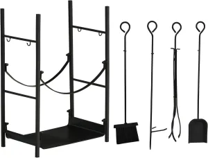 Outsunny Firewood Rack with Fireplace Tools, Indoor Outdoor Firewood Holder, Flat Bottom with 2 Tiers for Fireplace, Wood Stove, Hearth or Fire Pit, Black
