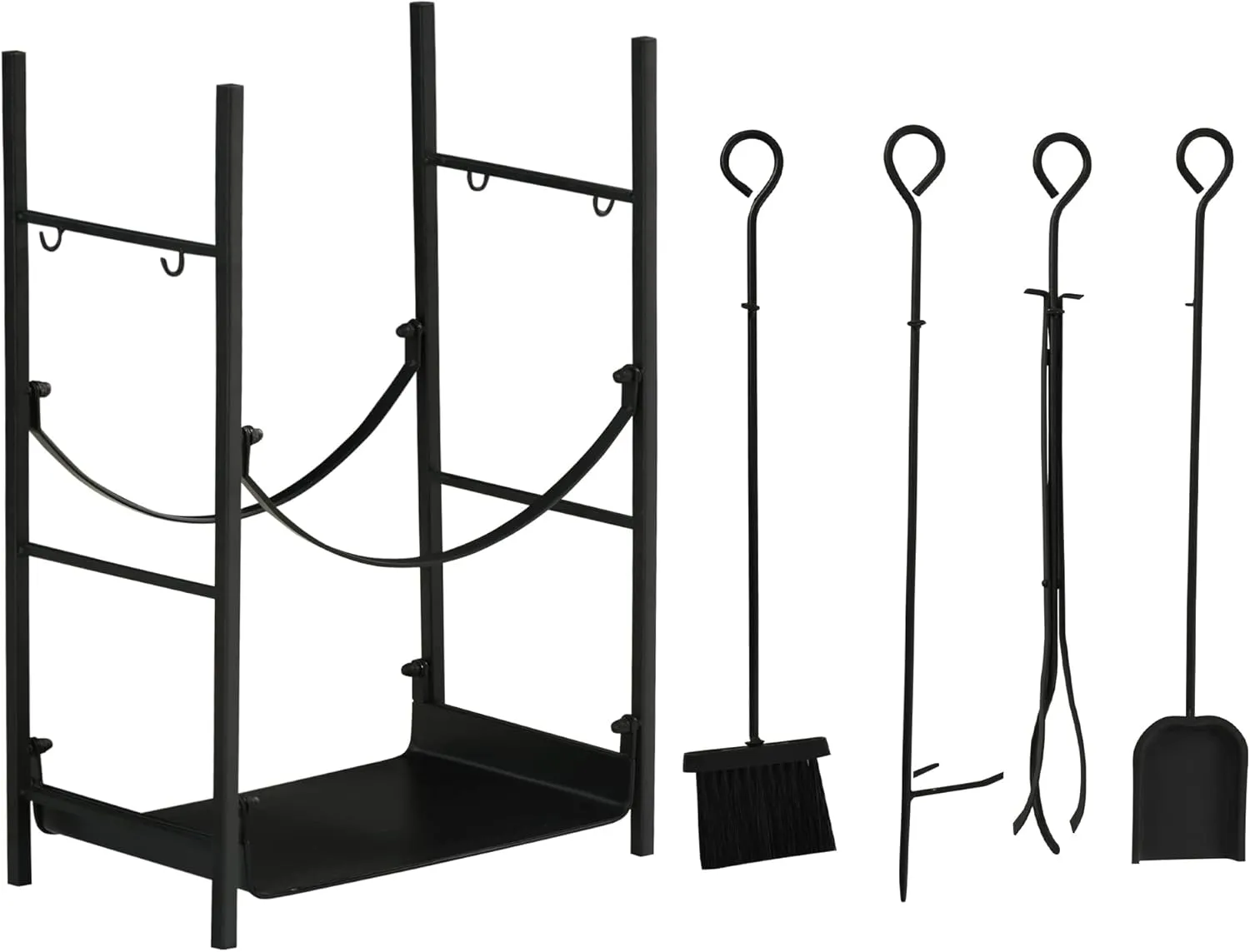 Outsunny Firewood Rack with Fireplace Tools, Indoor Outdoor Firewood Holder, Flat Bottom with 2 Tiers for Fireplace, Wood Stove, Hearth or Fire Pit, Black