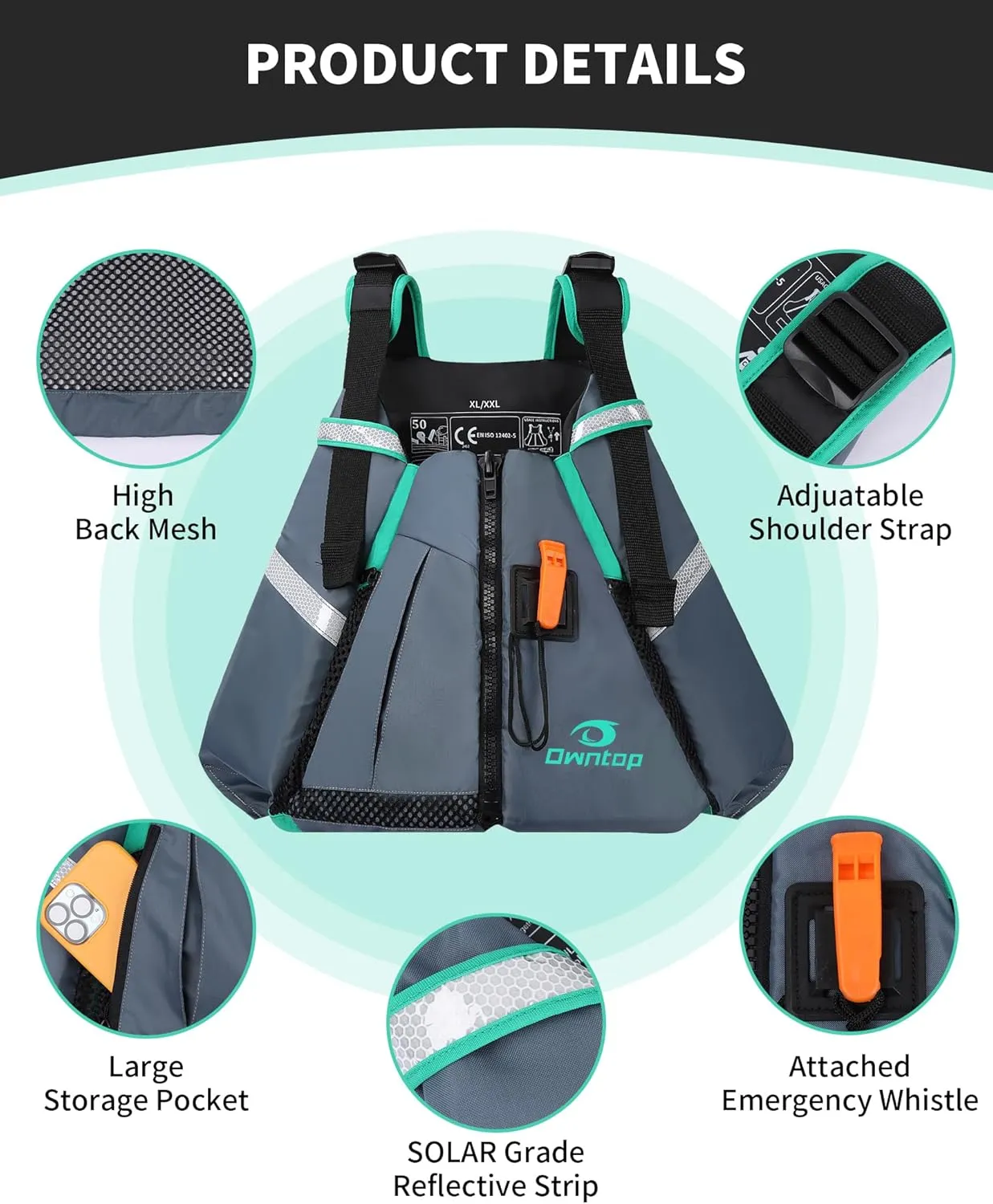 Owntop Adult Swim Vest - Adjustable Safety Strap & Premium Buoyancy for Paddle Sports, Kayaking, Canoeing, Boating
