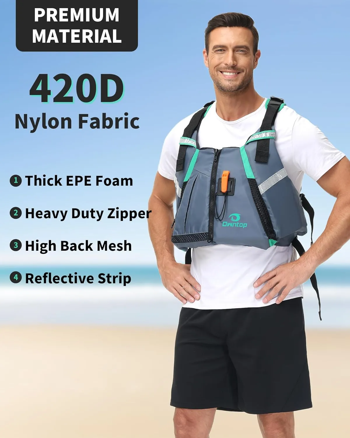 Owntop Adult Swim Vest - Adjustable Safety Strap & Premium Buoyancy for Paddle Sports, Kayaking, Canoeing, Boating