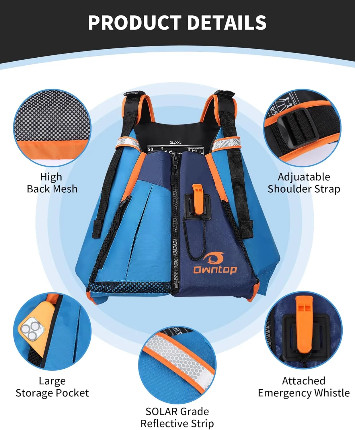 Owntop Adult Swim Vest - Adjustable Safety Strap & Premium Buoyancy for Paddle Sports, Kayaking, Canoeing, Boating