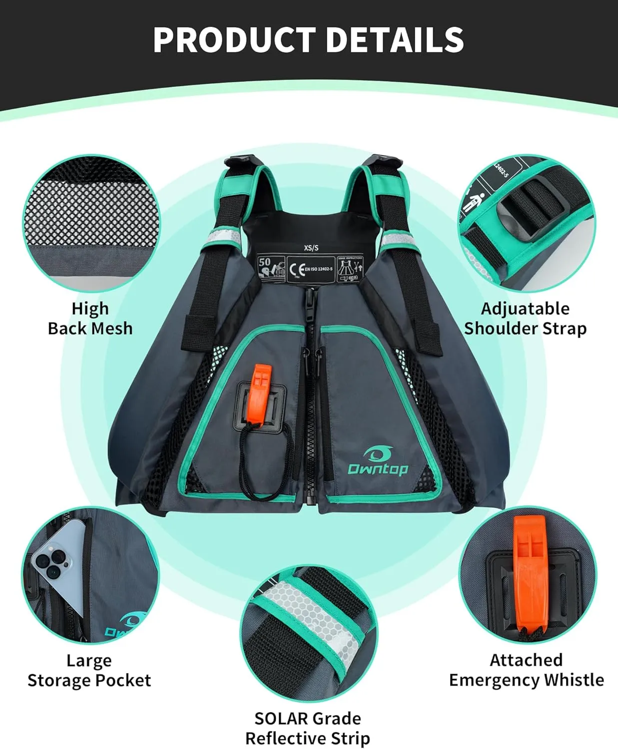 Owntop Adult Swim Vest - Adjustable Safety Strap & Premium Buoyancy for Paddle Sports, Kayaking, Canoeing, Boating
