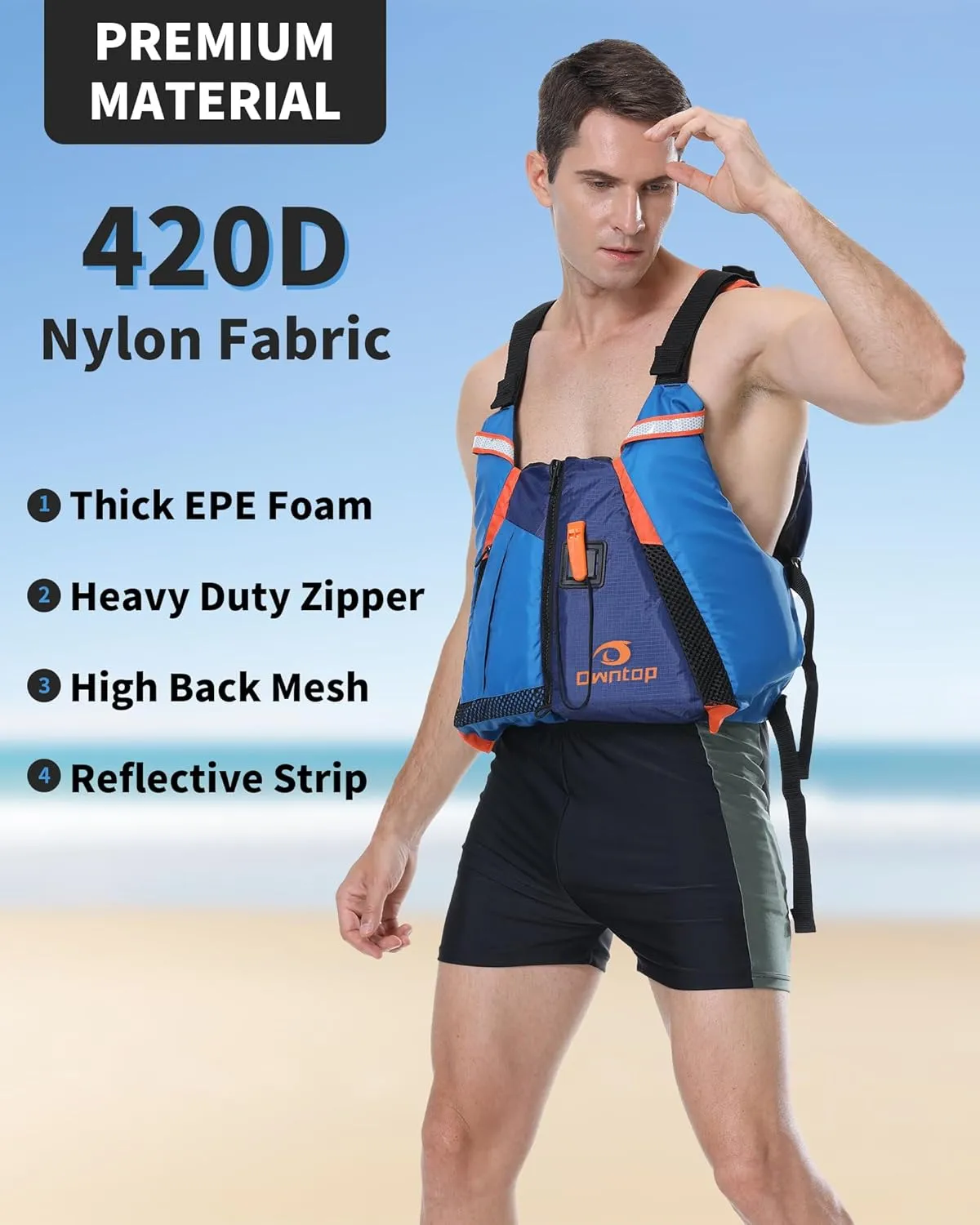 Owntop Adult Swim Vest - Adjustable Safety Strap & Premium Buoyancy for Paddle Sports, Kayaking, Canoeing, Boating