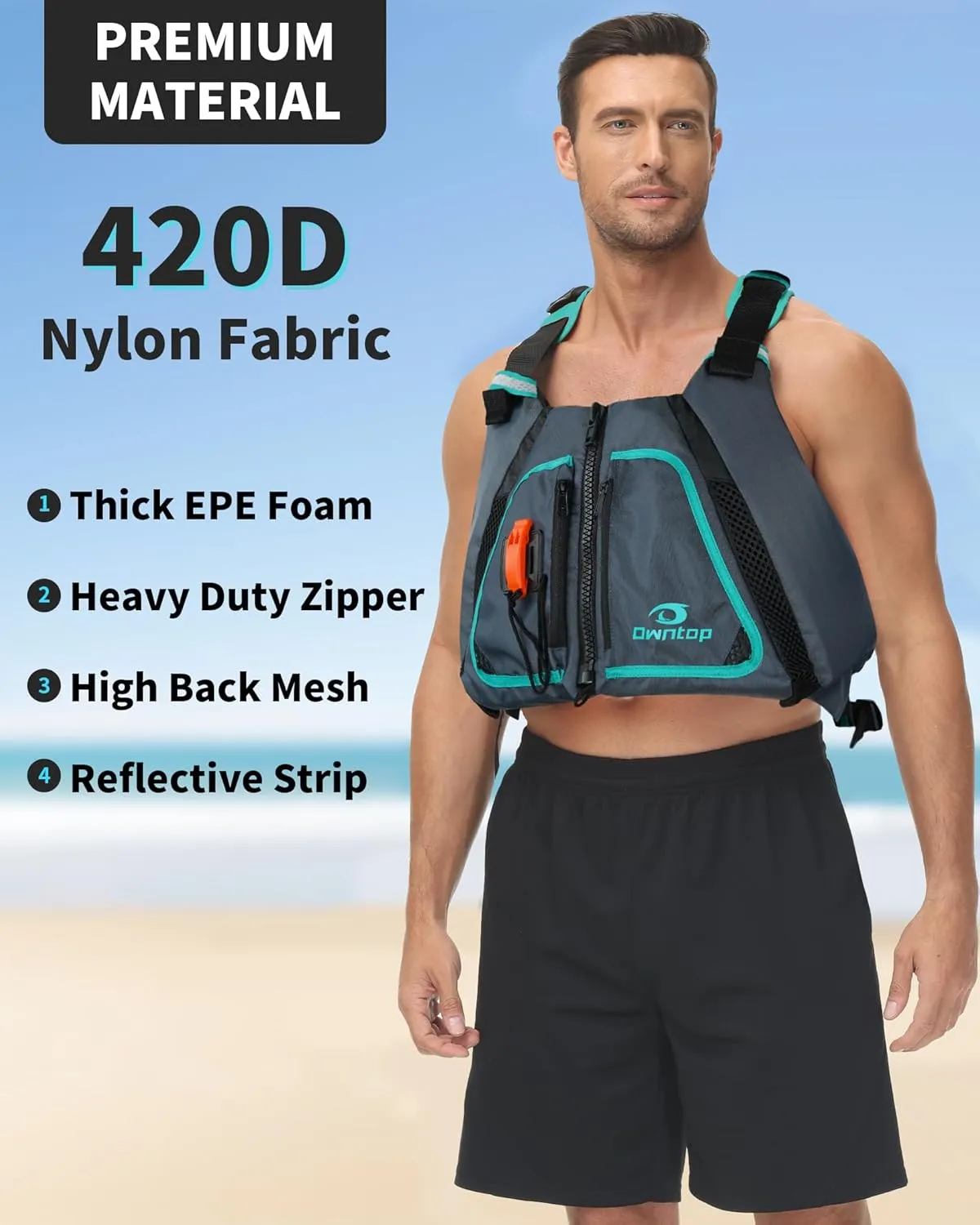 Owntop Adult Swim Vest - Adjustable Safety Strap & Premium Buoyancy for Paddle Sports, Kayaking, Canoeing, Boating