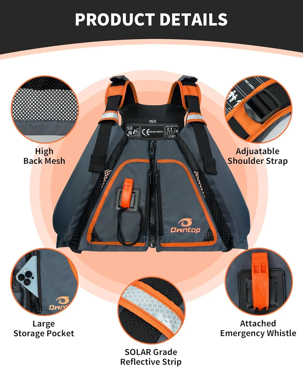 Owntop Adult Swim Vest | Excellent Buoyancy | High Mesh Back | Float Jacket for Kayaking, Boating, Fishing, Paddle Sports