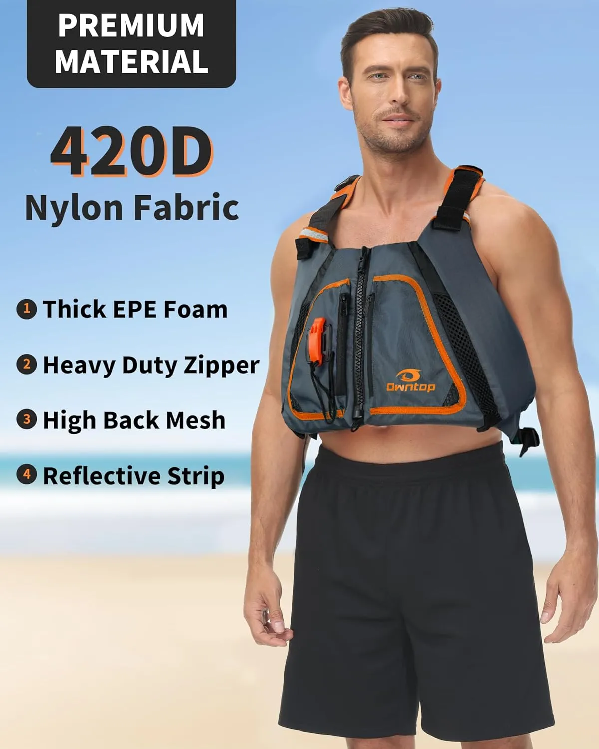Owntop Adult Swim Vest | Excellent Buoyancy | High Mesh Back | Float Jacket for Kayaking, Boating, Fishing, Paddle Sports