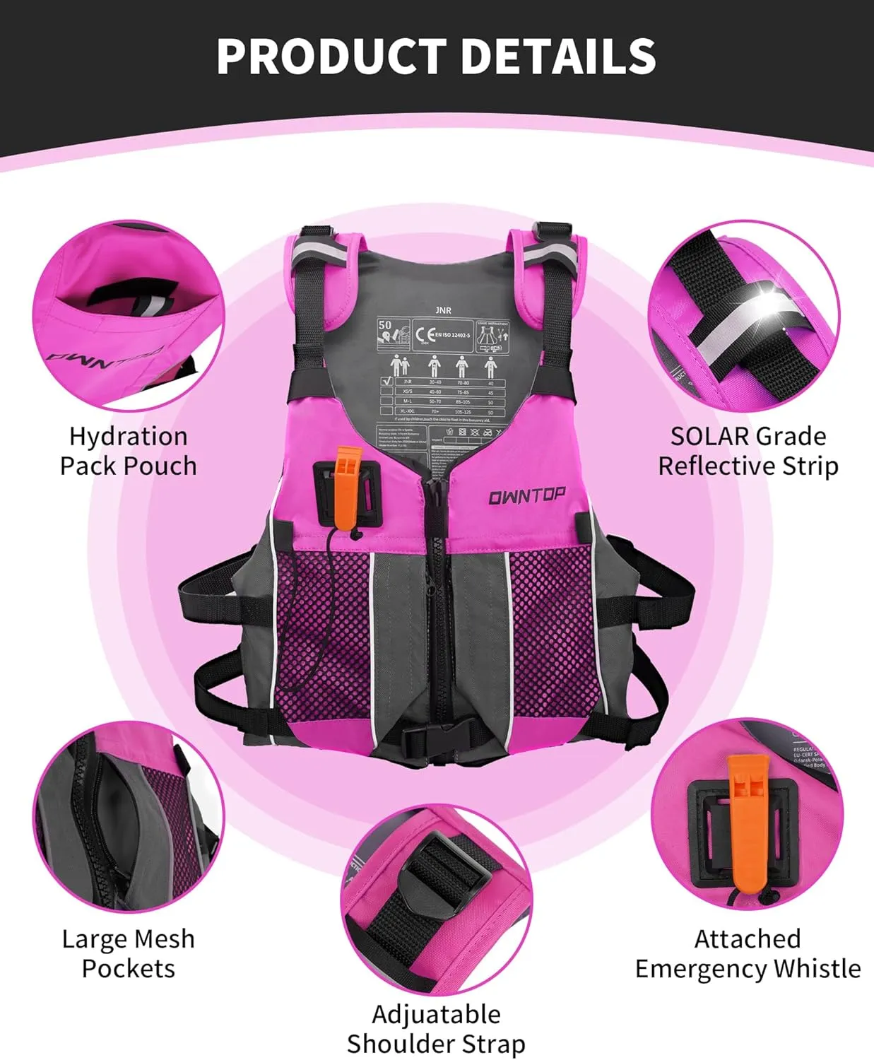 Owntop Swim Jacket Adult Youth | Hydration Pack | Dual Mesh Pockets | Attached Whistle | Ultra-Thin for Freer Movement | Kayak, Boating, Fishing, All Watersports