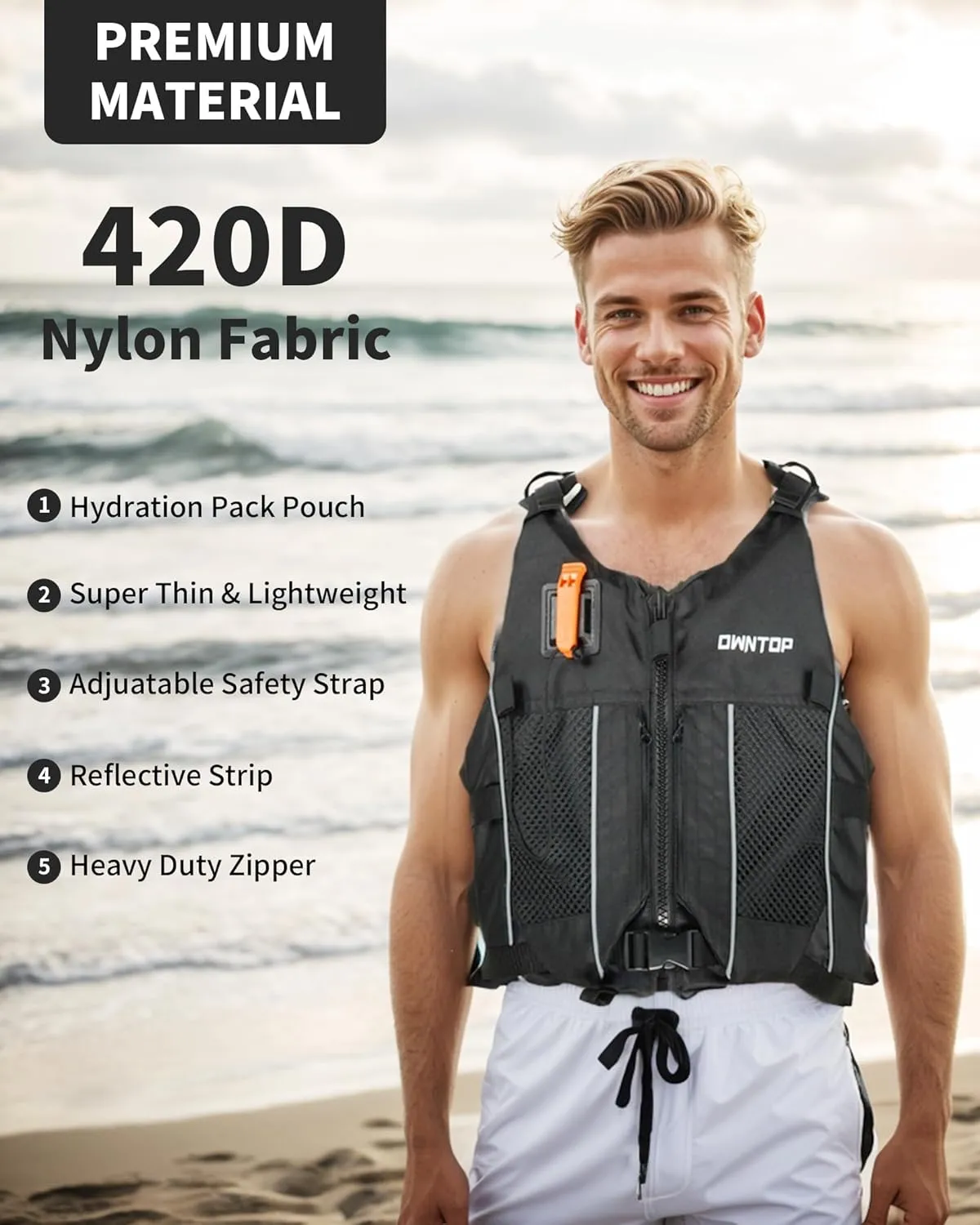 Owntop Swim Jacket Adult Youth | Hydration Pack | Dual Mesh Pockets | Attached Whistle | Ultra-Thin for Freer Movement | Kayak, Boating, Fishing, All Watersports