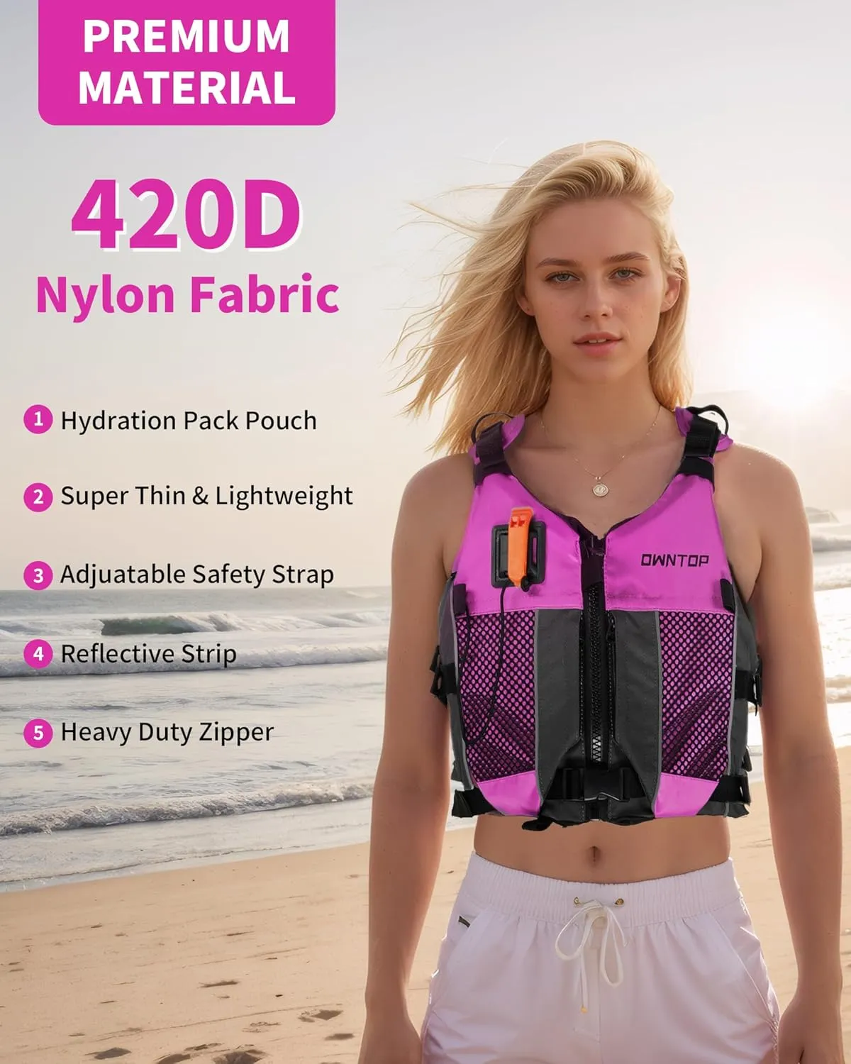 Owntop Swim Jacket Adult Youth | Hydration Pack | Dual Mesh Pockets | Attached Whistle | Ultra-Thin for Freer Movement | Kayak, Boating, Fishing, All Watersports