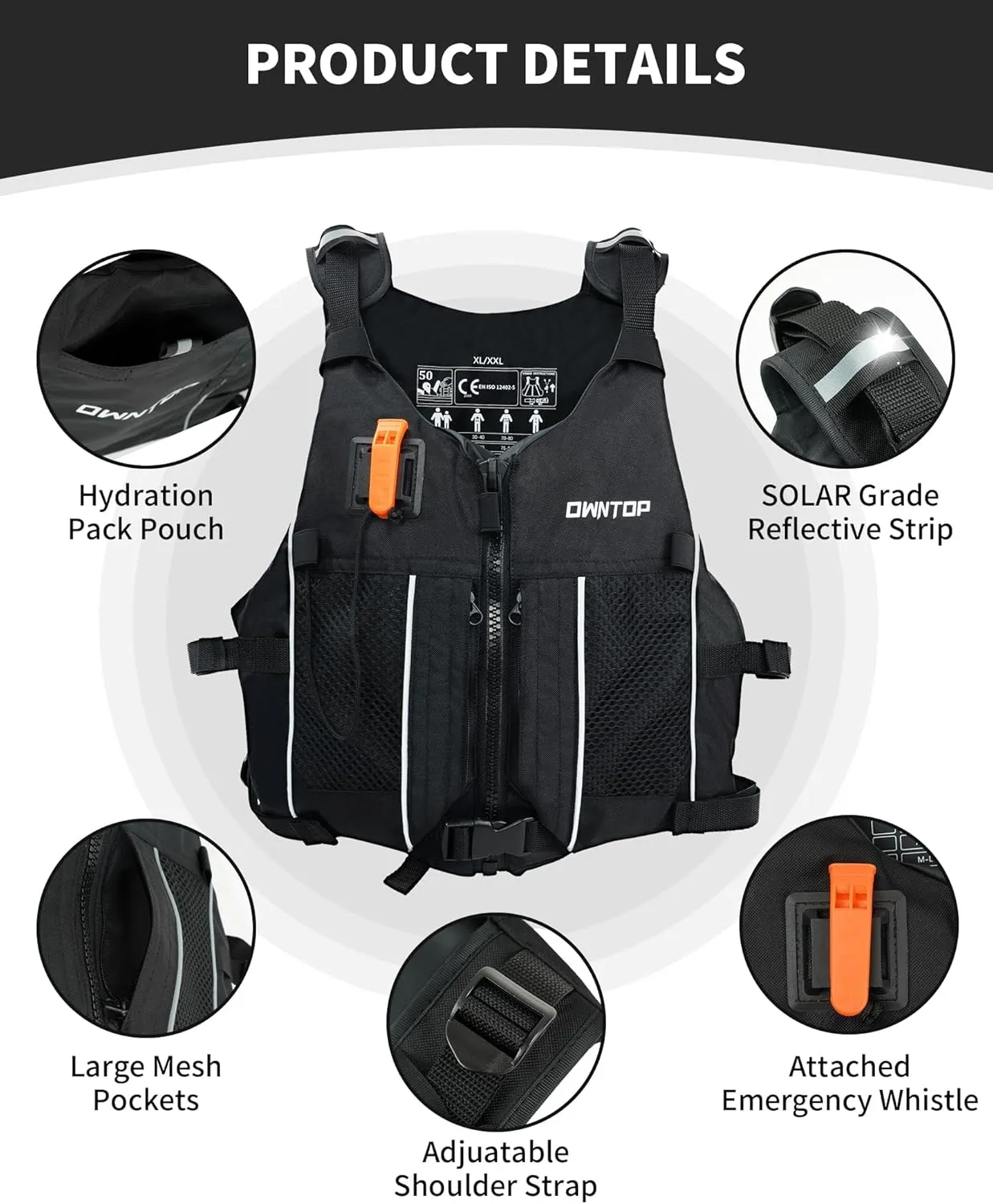 Owntop Swim Jacket Adult Youth | Hydration Pack | Dual Mesh Pockets | Attached Whistle | Ultra-Thin for Freer Movement | Kayak, Boating, Fishing, All Watersports