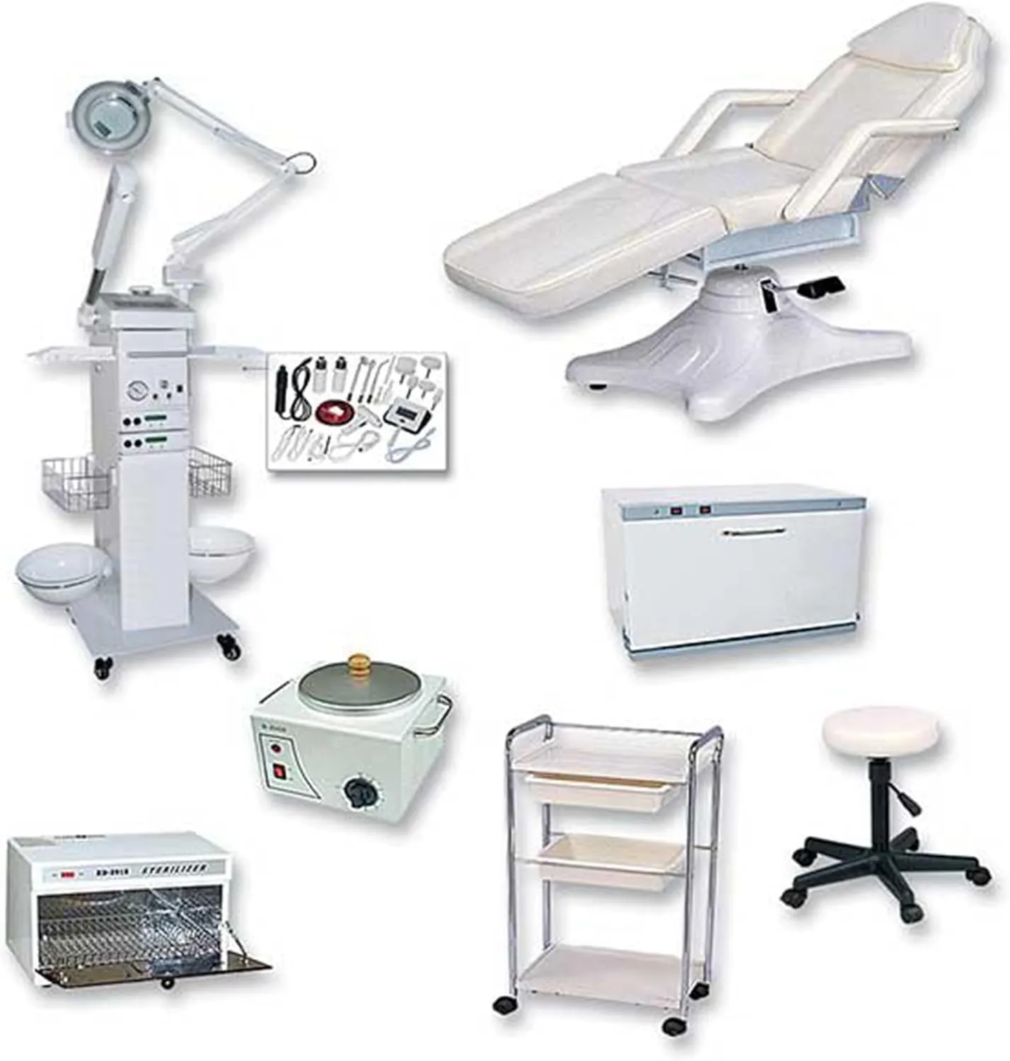 Pack-5, Facial Spa Equipment Package, Facial Spa Kit, 9-Function Facial Machine, Towel Warmer, Massage Bed, Hydra Stool, UV, Single Waxer, & Trolley