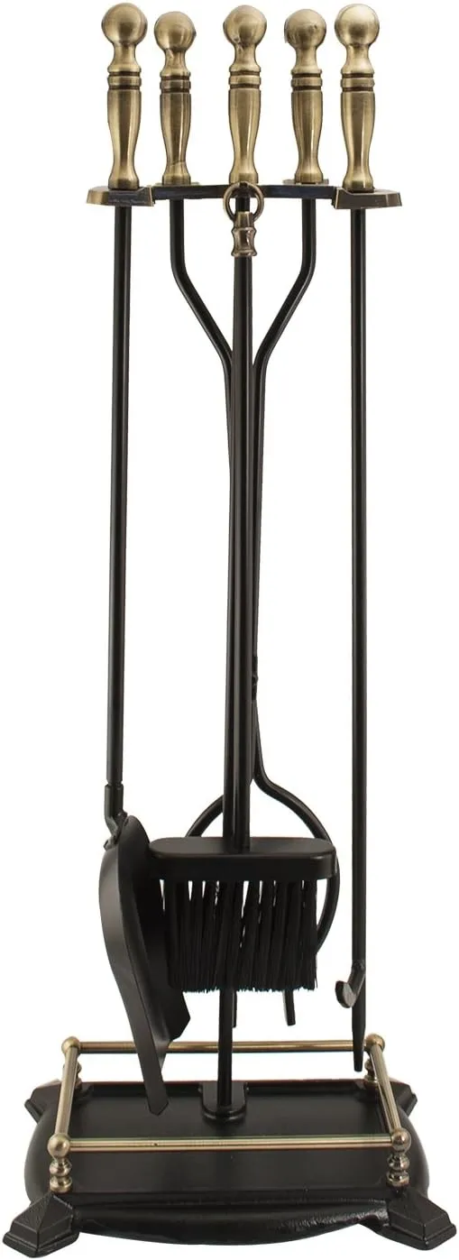 Panacea 15006 Antique Fireplace Toolset with Brass Handles, 5 Piece set
