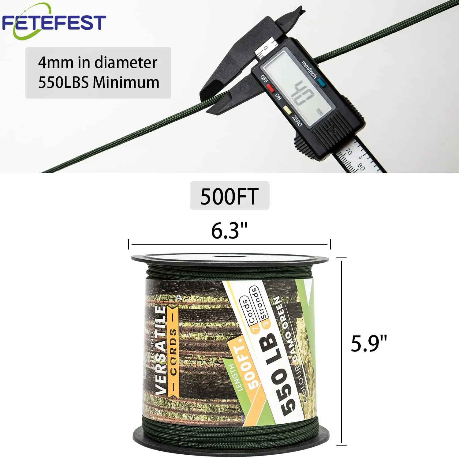 Paracord 550 Army Green, Bulk Paracord Mil-Spec 500FT, 100% Nylon Rope in Survival Gear and Equipment, Heavy Duty Rope for Bracelet, Leashes, Lanyards and Camping (Army Green, 500FT. Wound ON Spool)