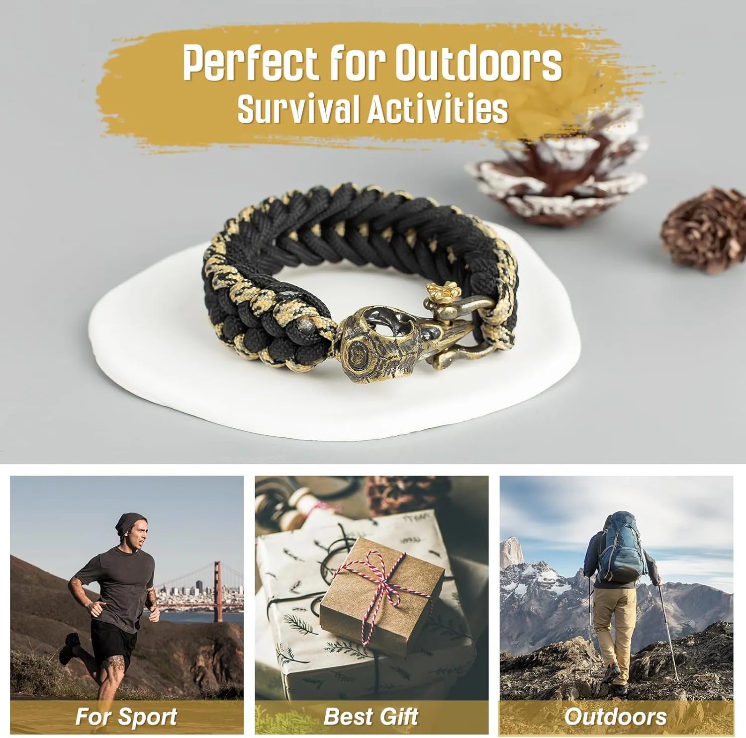Paracord Survival Bracelet for Men and Women, Handmade Woven Tactical Style with Cool Brass Buckle Bracelet, Suitable for Hiking and Outdoor Activities