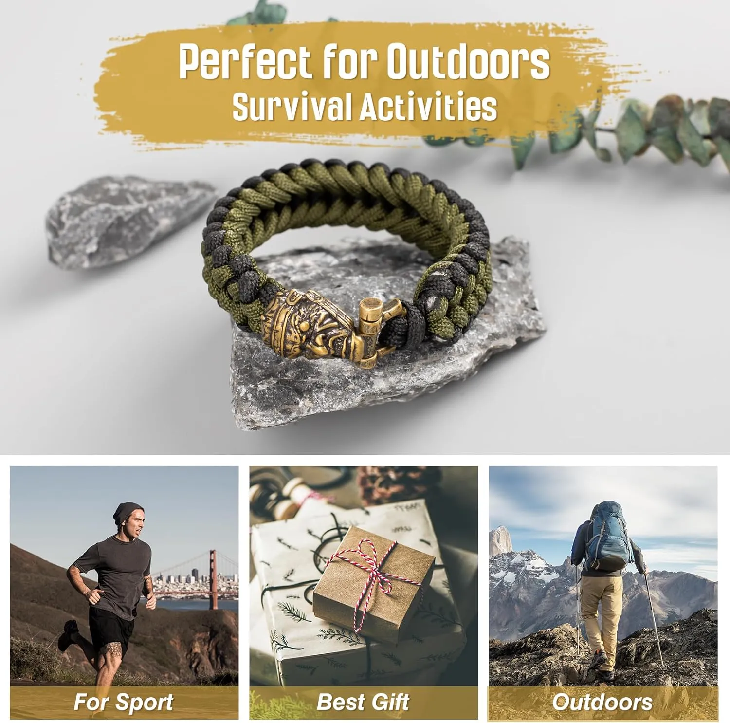 Paracord Survival Bracelet for Men and Women, Handmade Woven Tactical Style with Cool Brass Buckle Bracelet, Suitable for Hiking and Outdoor Activities