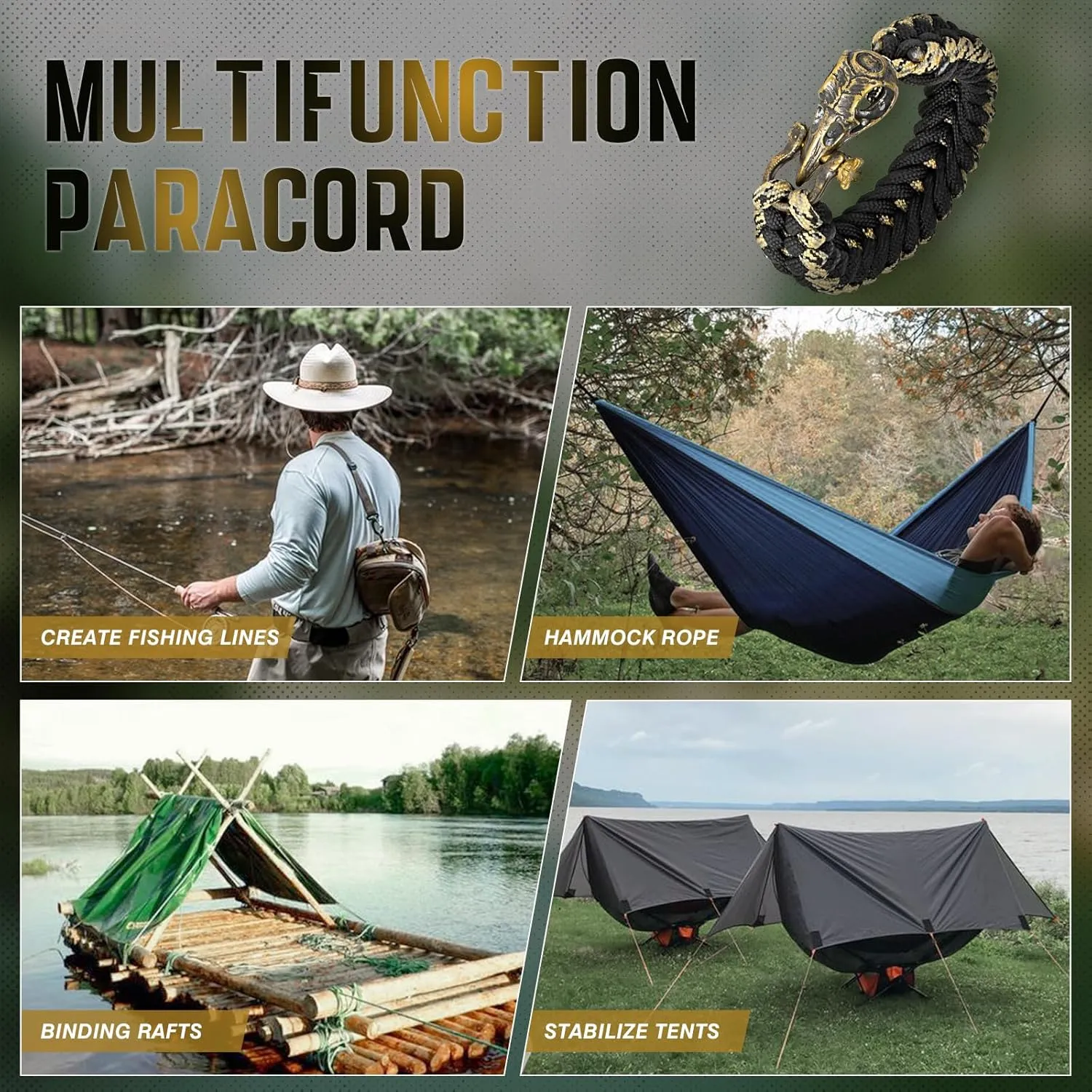 Paracord Survival Bracelet for Men and Women, Handmade Woven Tactical Style with Cool Brass Buckle Bracelet, Suitable for Hiking and Outdoor Activities