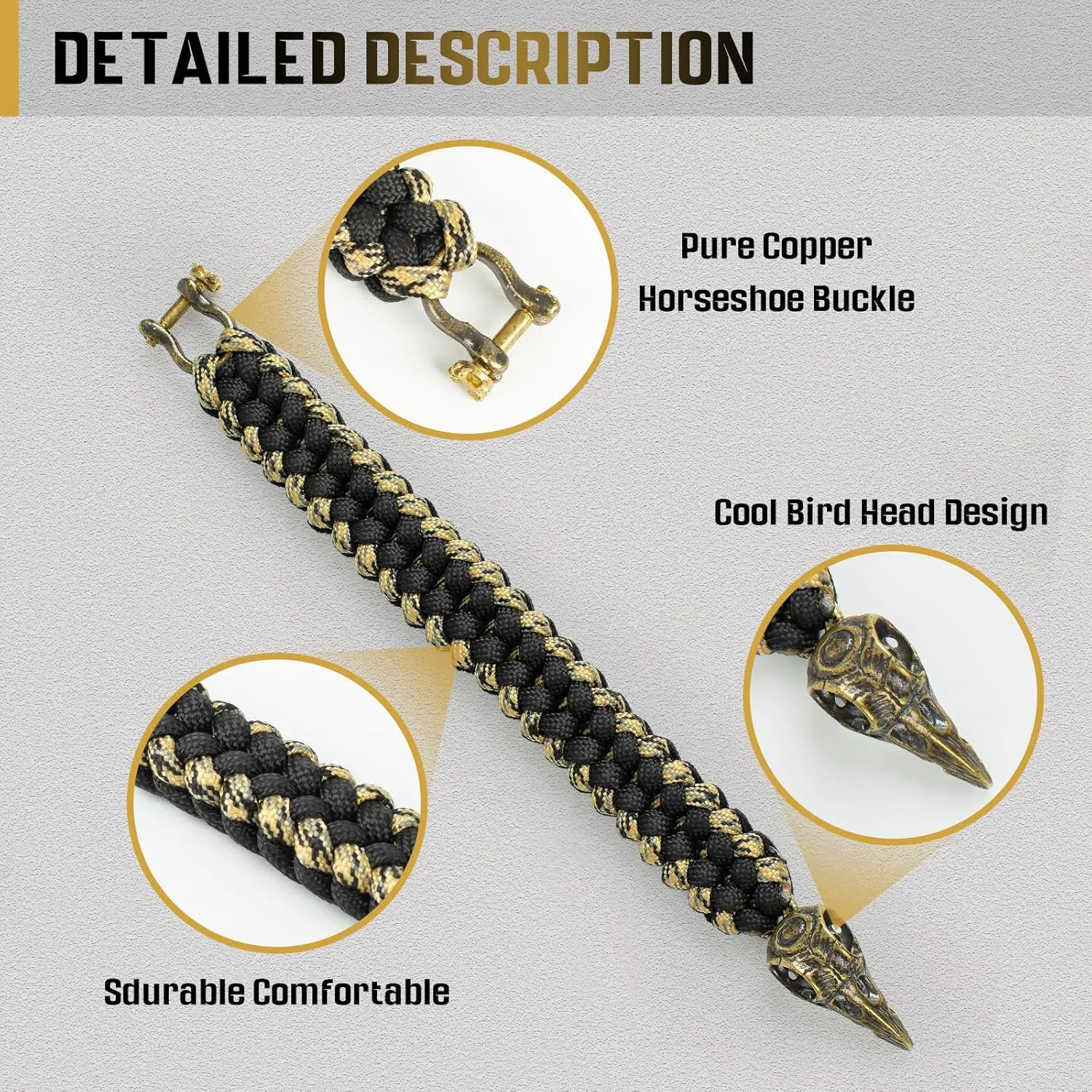 Paracord Survival Bracelet for Men and Women, Handmade Woven Tactical Style with Cool Brass Buckle Bracelet, Suitable for Hiking and Outdoor Activities