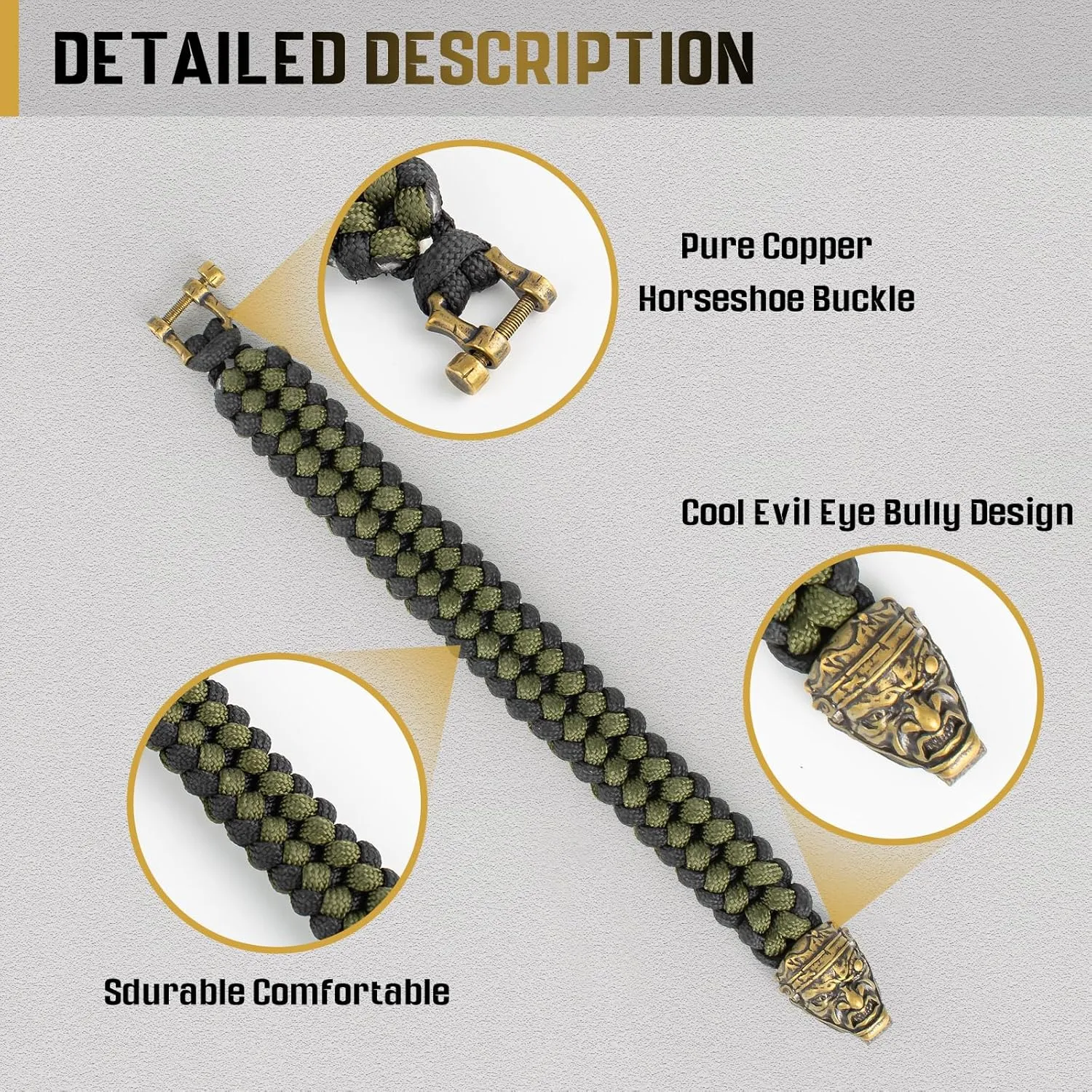 Paracord Survival Bracelet for Men and Women, Handmade Woven Tactical Style with Cool Brass Buckle Bracelet, Suitable for Hiking and Outdoor Activities