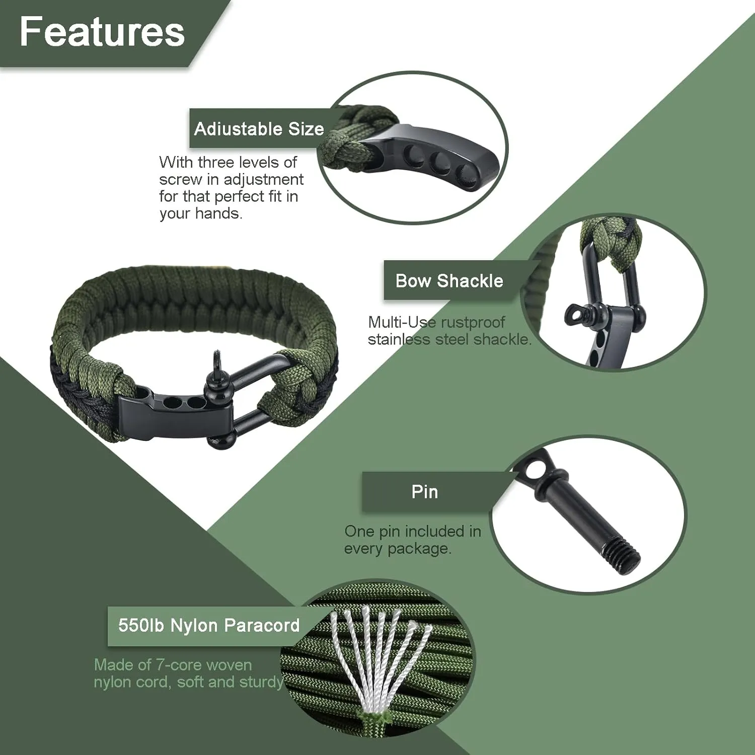 Paracord Survival Bracelet with Bow Shackle for Camping and Emergency
