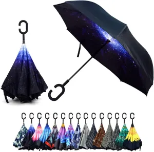 Parquet Big Bang Double Layer Inverted Umbrellas - C Shaped Handle Reverse Folding Windproof Umbrella for Men and Women