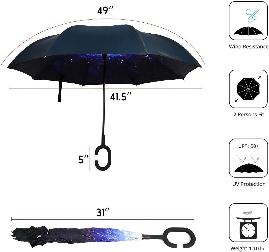 Parquet Big Bang Double Layer Inverted Umbrellas - C Shaped Handle Reverse Folding Windproof Umbrella for Men and Women