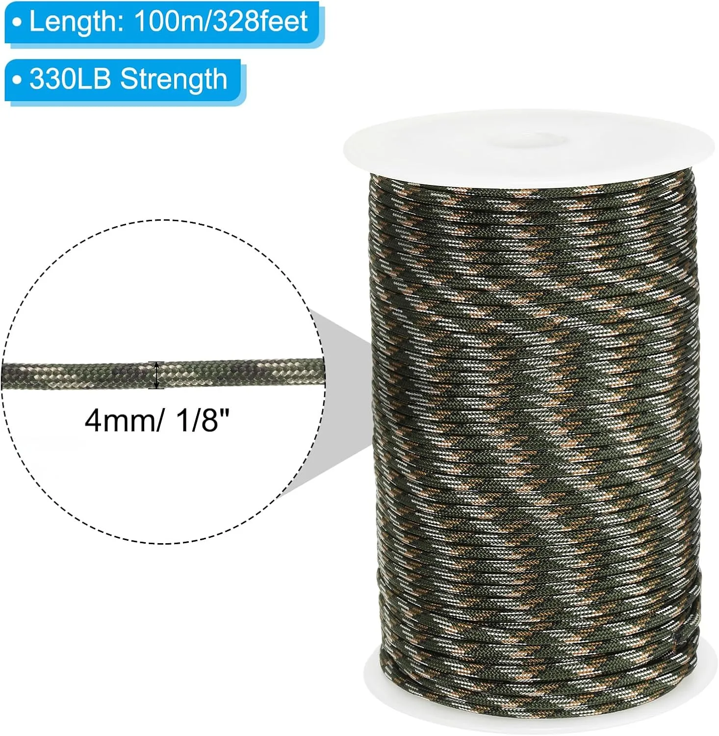 PATIKIL 328 Feet Paracord Rope 550lb, 7 Strand Parachute Cord 4mm Paracord Lanyard Spool Cord for Survival Bracelet Tent Camping, Hiking, DIY Projects, Forest Camo