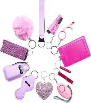 Personal Safety Keychain Set, 13-Piece Women's Protection Kit with Alarm, ID Holder, Pom Pom, Blue