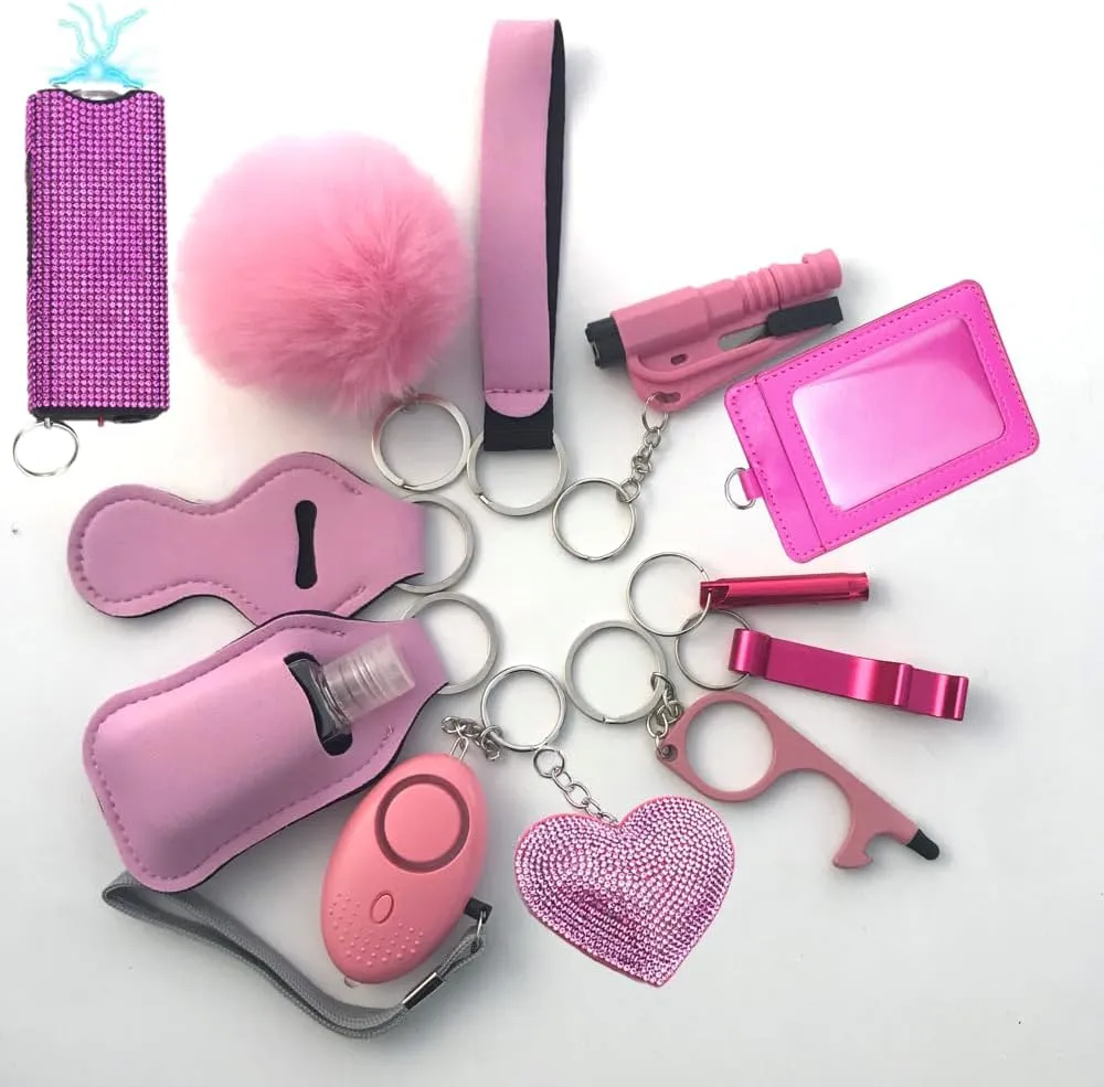 Personal Safety Keychain Set, 13-Piece Women's Protection Kit with Alarm, ID Holder, Pom Pom, Blue