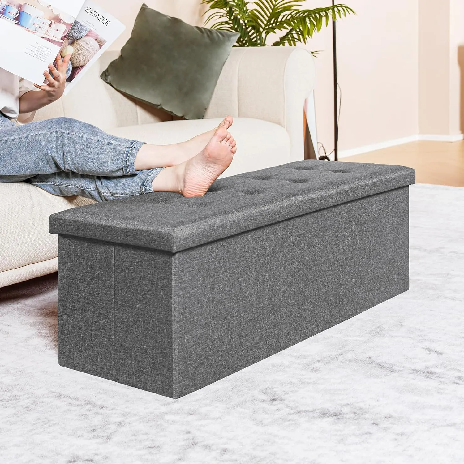 PINPLUS Folding Storage Ottoman Bench, Grey Linen Long Ottoman Chest Foot Rest Stool with Padded Seat, Toy Chest with Tray, Bedroom Bench with Storage, 43.3inches