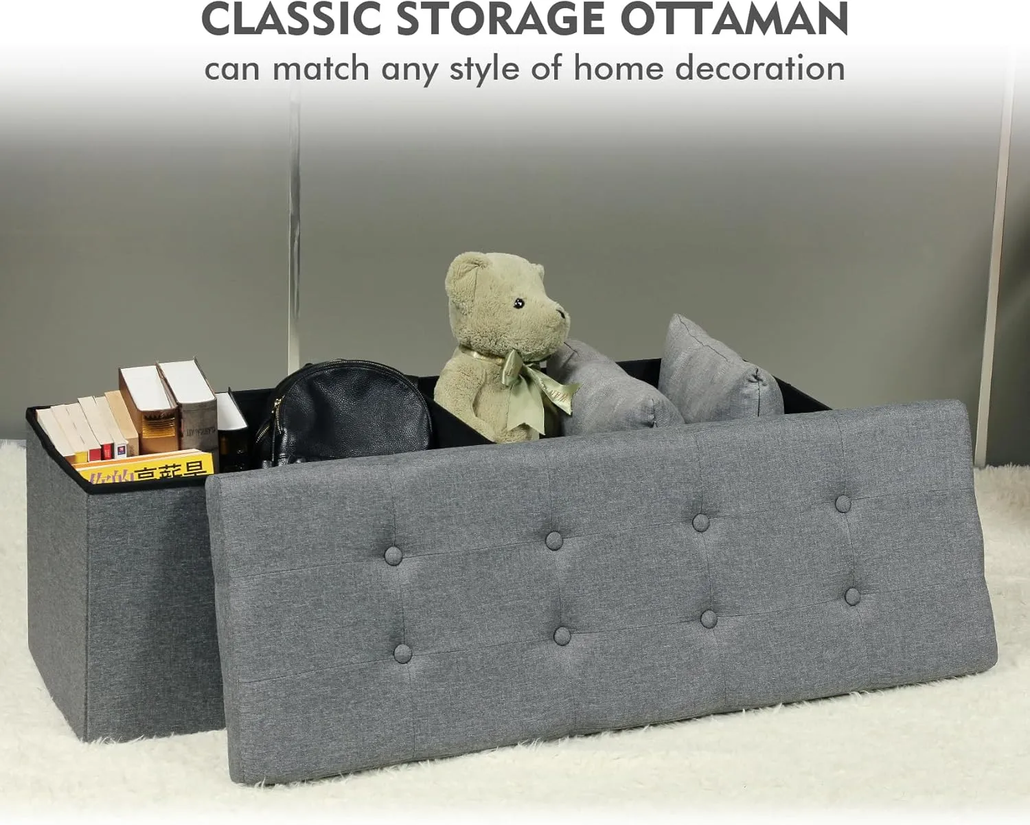 PINPLUS Folding Storage Ottoman Bench, Grey Linen Long Ottoman Chest Foot Rest Stool with Padded Seat, Toy Chest with Tray, Bedroom Bench with Storage, 43.3inches