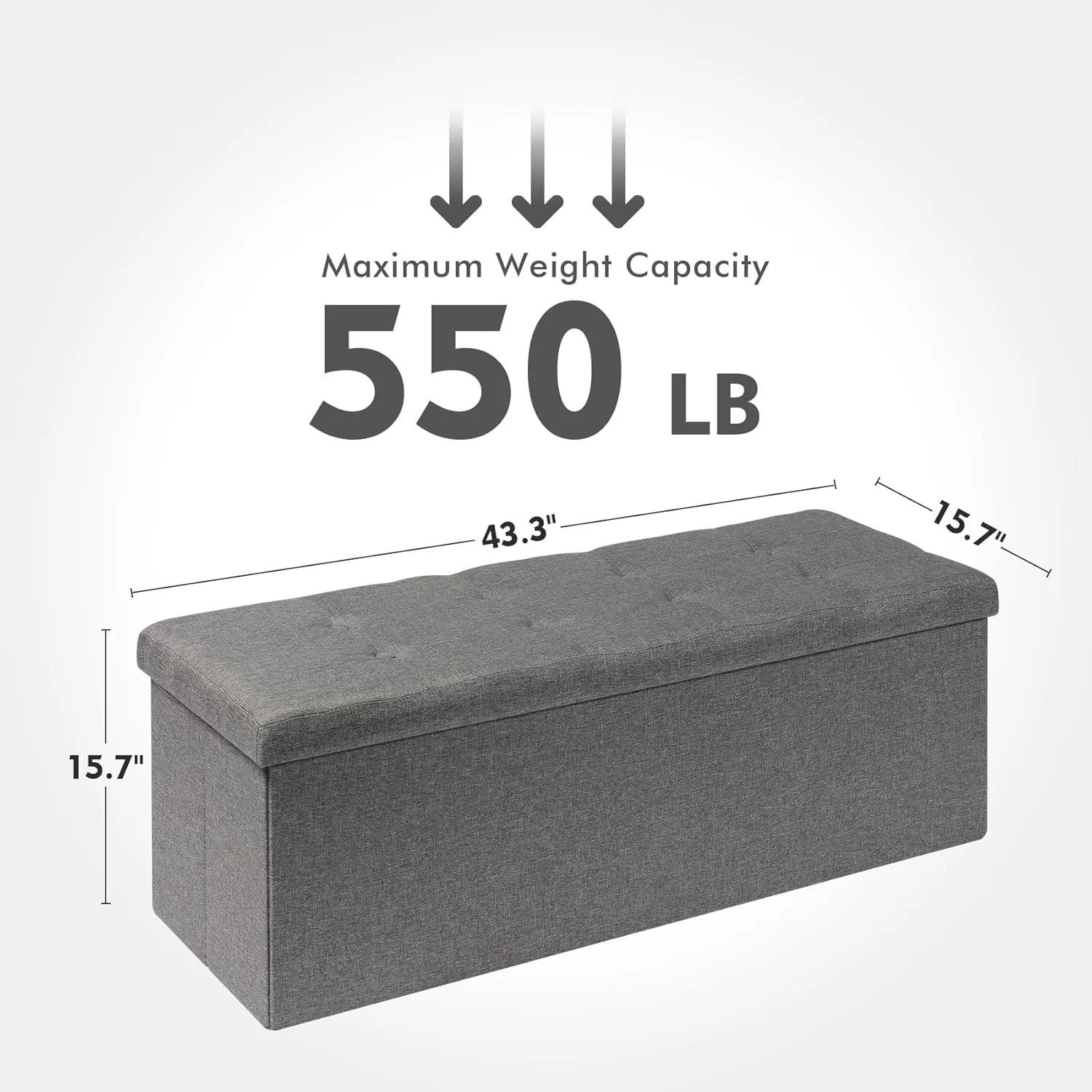 PINPLUS Folding Storage Ottoman Bench, Grey Linen Long Ottoman Chest Foot Rest Stool with Padded Seat, Toy Chest with Tray, Bedroom Bench with Storage, 43.3inches