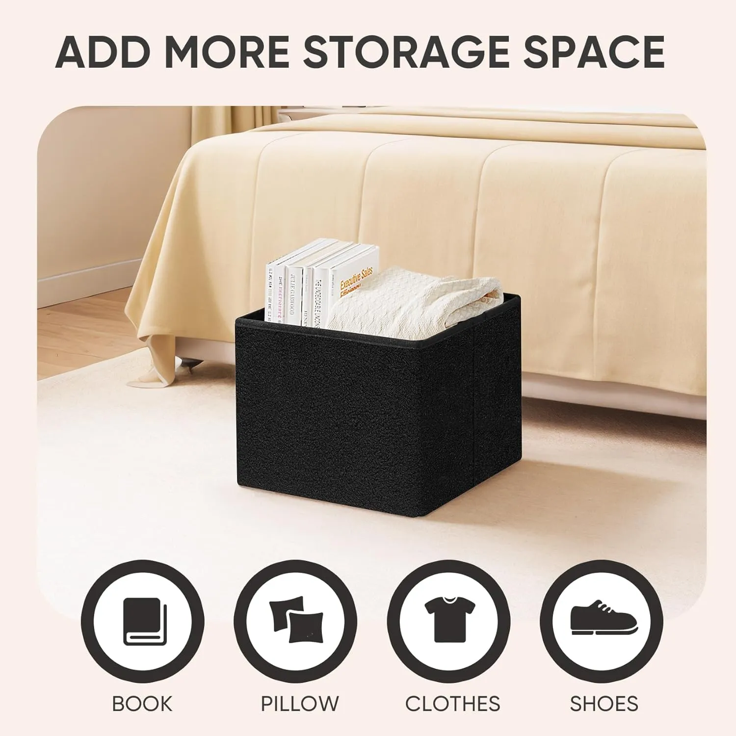 PINPLUS Storage Ottoman Foot Rest Stool, 16.5inches Sherpa Folding Ottoman Cube, Black Color