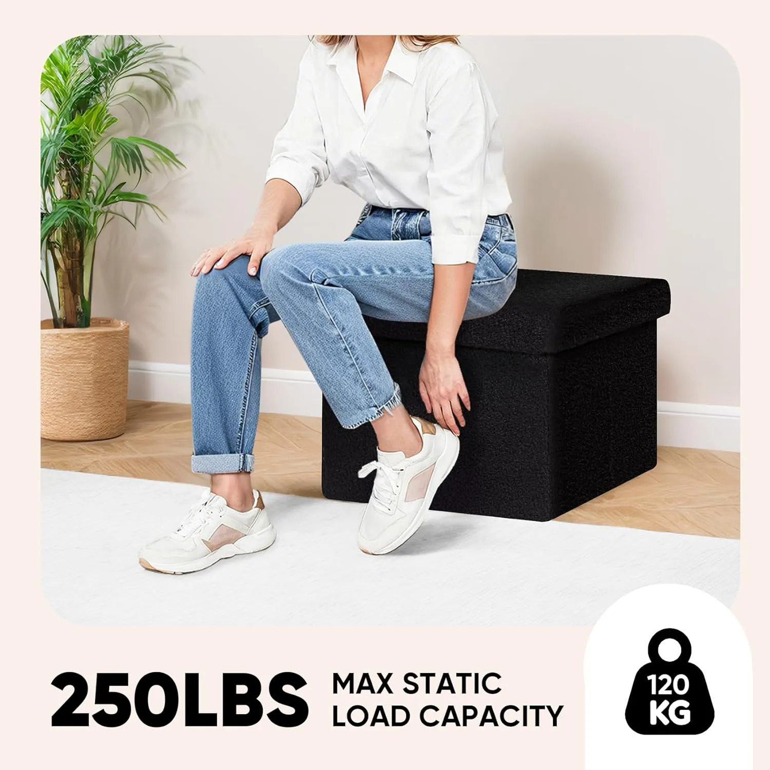PINPLUS Storage Ottoman Foot Rest Stool, 16.5inches Sherpa Folding Ottoman Cube, Black Color