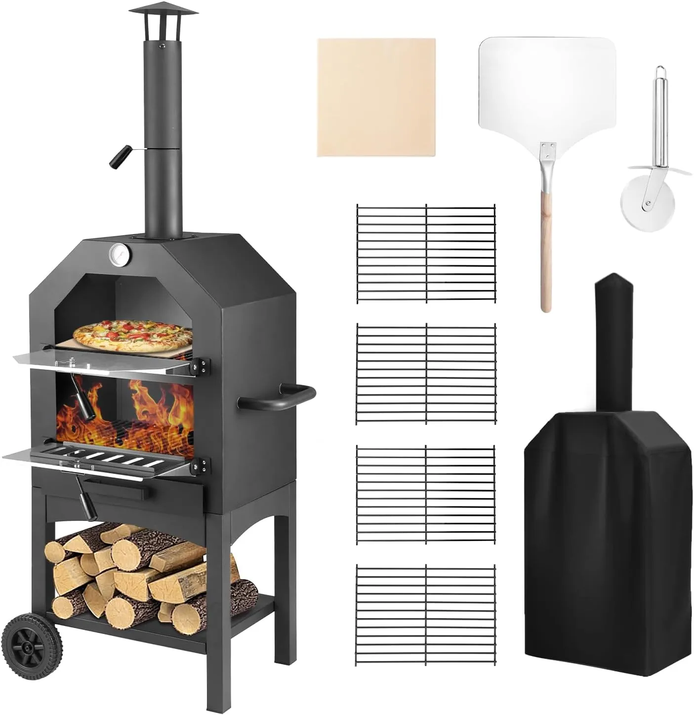 Pizza Oven Outdoor, Wood Fire Pizza Ovens for Outside, Pizza Maker with Waterproof Cover, 12" Pizza Stone, Pizza Spatula and 4pcs Grill Rack Included for Camping Backyard BBQ