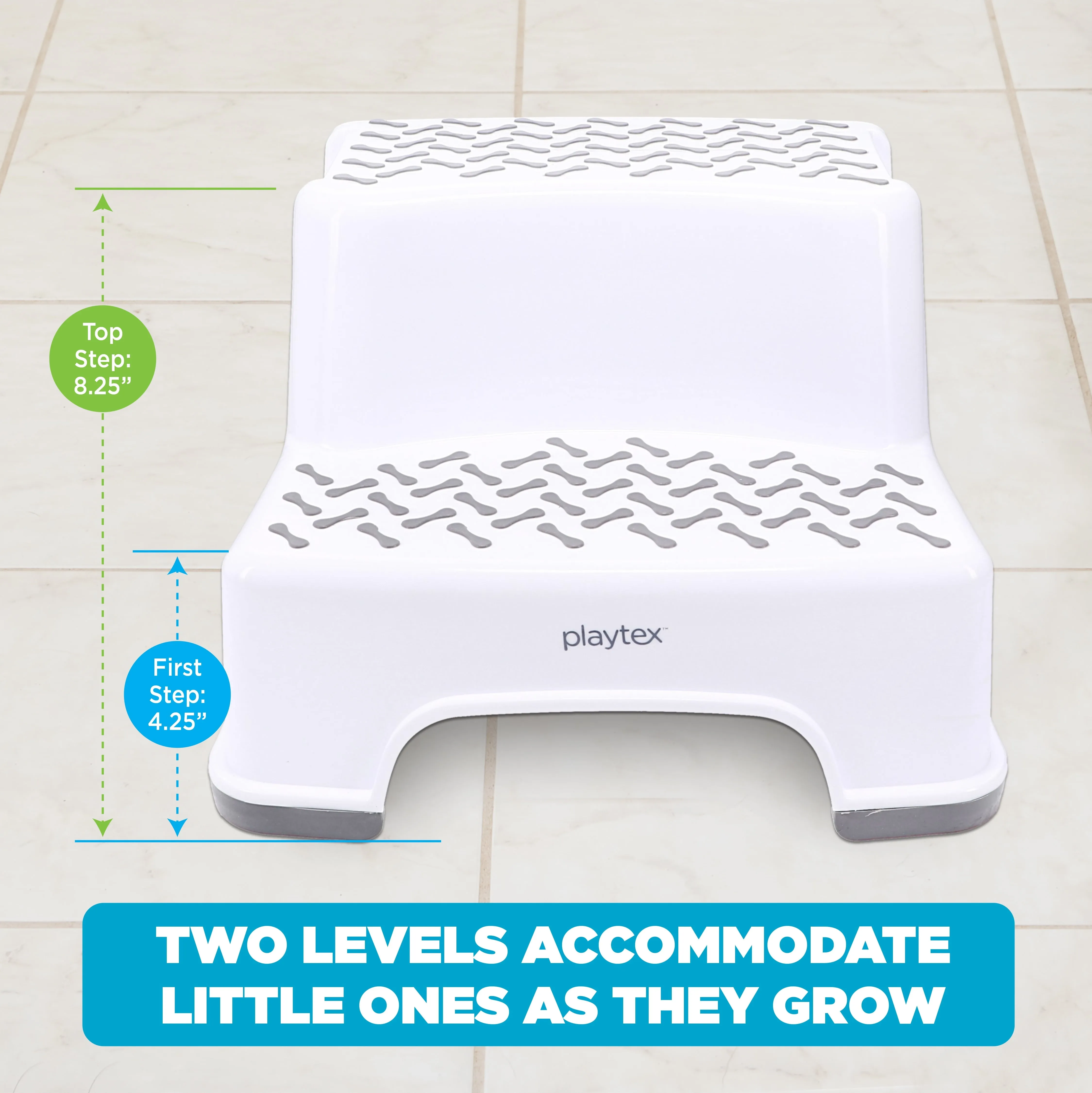 Playtex White 2-Tier Step Stool, Kids Bathroom and Bedroom Plastic Step Stool