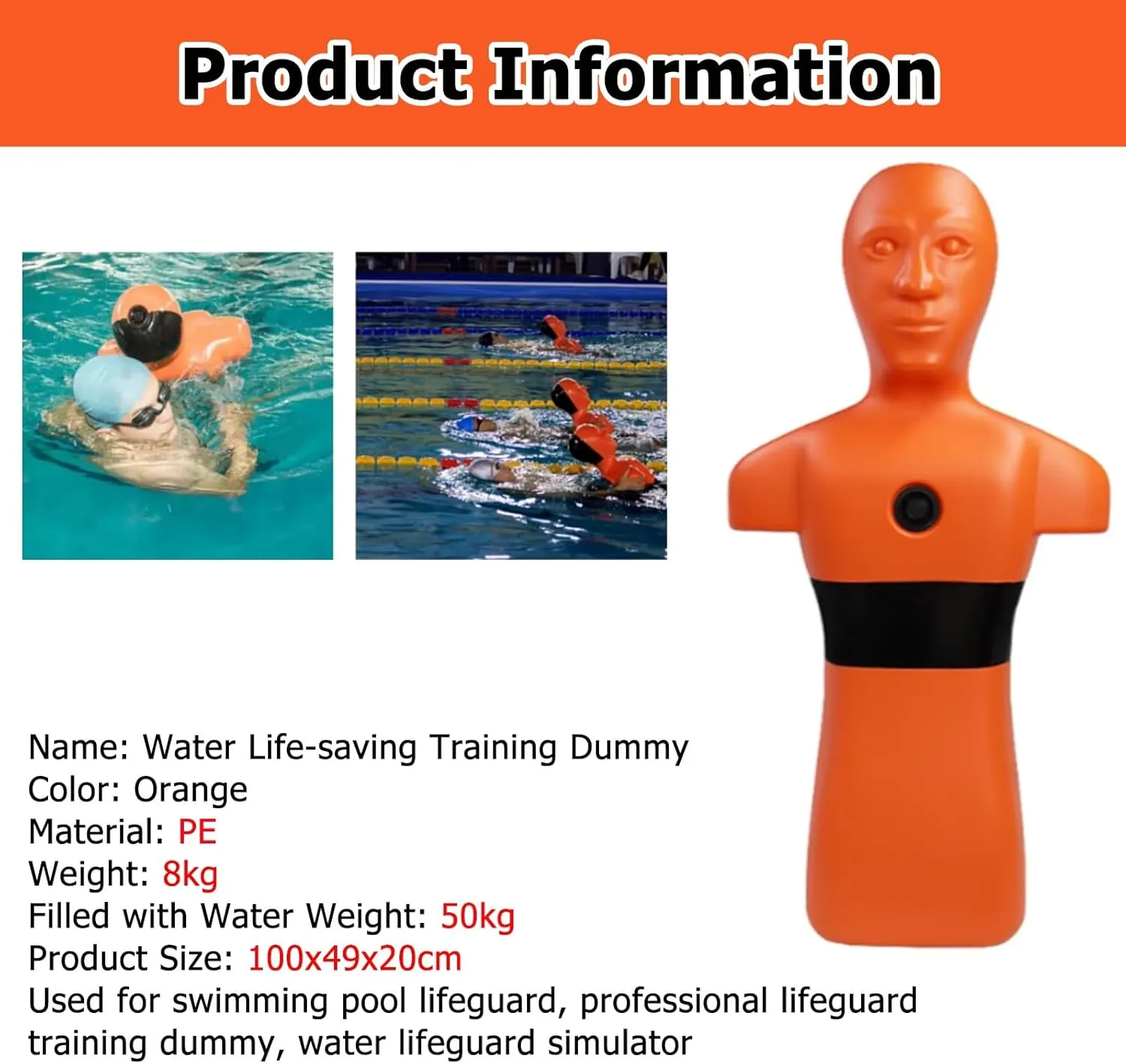 Pool Water Rescue Training Dummy, Orange Yellow Drowning Prevention Teaching Tools, 100cm Fire Training Drill Dummys 2 Pack for School/Community/Sports Stadiums(Orange,2 Pack)