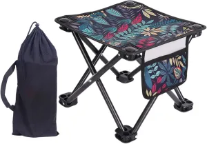 Portable Camping Stool Fold up Chair Mini Folding Stool Footrest Ottoman with Side Pocket for Park BBQ Picnic Fishing Garden