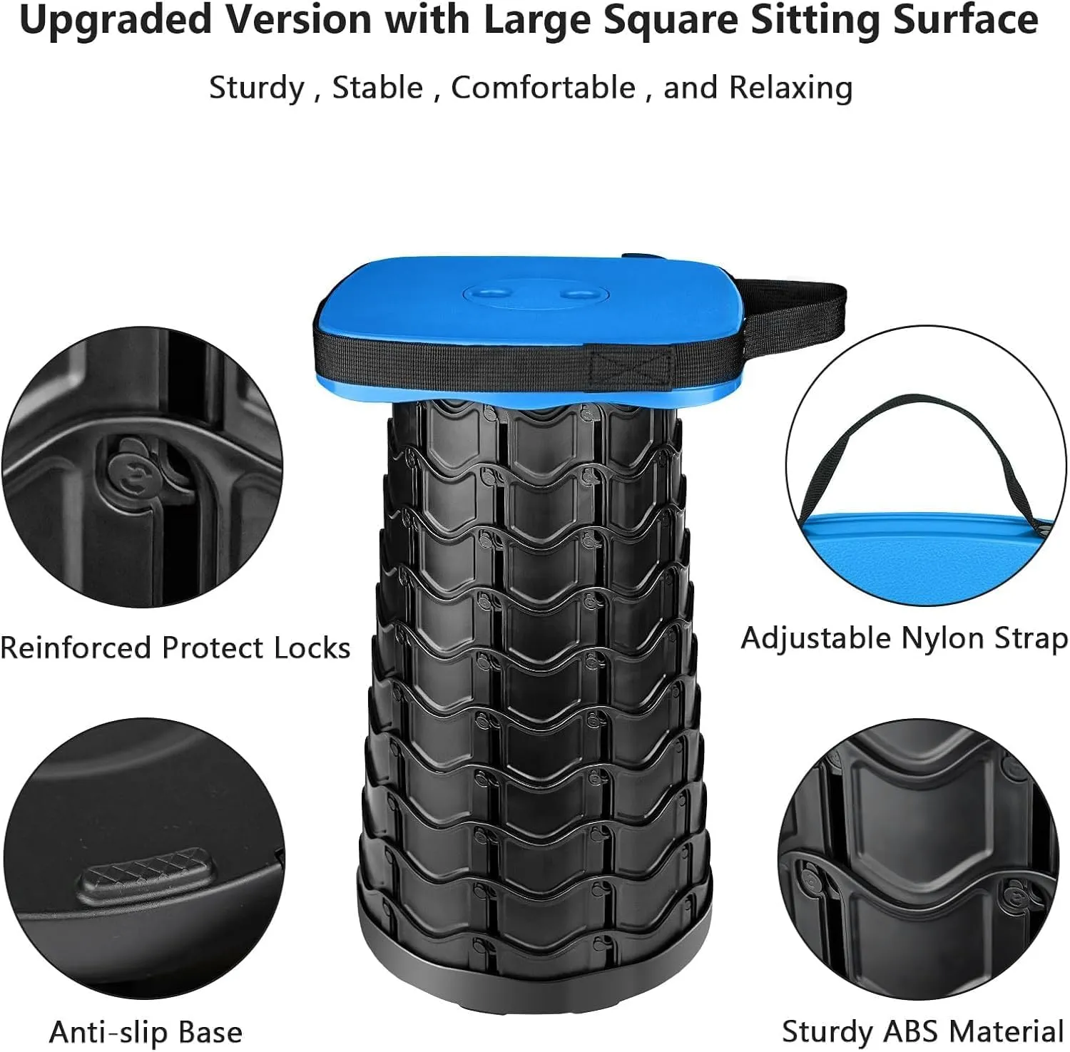 Portable Collapsible Stool Set - Heavy Duty Square Foldable Stool   Thick Seat Cushion - 550lbs Load Capacity for Camping Travel Picnic Gardening (Blue/Black)
